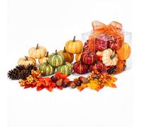 Keeplush 30PCS Artificial Pumpkins Gift Box Set,Colorful Autumn Decorations | Mini Fall Decor with Maple leaf & Pinecone,Foam Pumpkins for Fall Harvest Halloween Thanksgiving Table Mantel Farmhouse Decor