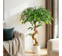 Keeplush Artificial Plant Ficus Tree 120 cm with White Planter, Artificial Plants with Curved Tree Trunk and 930 Leaves, Artificial Tree for Indoor Decoration, Living Room, Bedroom, Office
