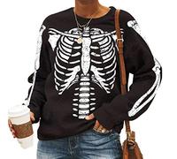 keepmore Halloween Women's Long Sleeve Funny Skeleton T-Shirts Loose Graphic Printed Long Sleeve Pullover Sweatshirt Tops Black
