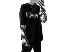keepmore Japanese Anime Death Note T-Shirt Unisex Fashion Streetwear Harajuku L·Lawliet Long Sleeve Striped Fake Two Piece T-Shirts