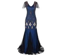 keepmore Ladies 1920s Vintage Sequin Embellished Beaded Long Evening Gown Gatsby Party Flapper Maxi Dress Blue Gold