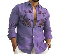 keepmore Men Casual Shirt Floral Print Long Sleeve Shirts Fashion 3D Vintage Floral Printed T Shirt Casual Regular Button Blouse Top Purple