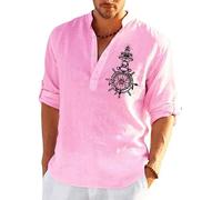 keepmore Men Shirt Casual Button Down Long Sleeve Shirts Vintage Compass Pattern Stand Collar Shirt Summer Beach Holiday Tops Outdoor Street Blouse Henley Shirt Pink
