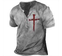 keepmore Men's Henley T-Shirts V-Neck Knights Templar Cross Graphic Printed Punk Casual Short Sleeve Button-Down T-Shirts
