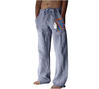 keepmore Men's Native Indian Linen Trousers Pajama Lounge Pants Elastic Waist Drawstring Straight Leg Pants Summer Beach Pants