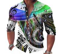 keepmore Men's Retro Shirt Music Series Instrument 3D Printed Stand Collar Long Sleeve Shirts Fashion Vintage Piano Pattern Button Blouse Hawaiian Beach Top