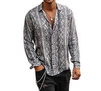 keepmore Men's Trend Shirts Animal Print Pattern Short Long Sleeve Loose Buttons Summer Casual Tops -Tiger Leopard Snake Print White