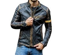 keepmore Men's Vintage Cafe Racer Distressed Biker Black Leather Jacket with Yellow Stripes