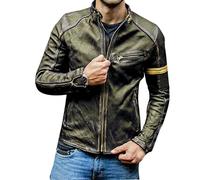 keepmore Men's Vintage Cafe Racer Distressed Biker Black Leather Jacket with Yellow Stripes