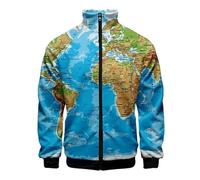 keepmore Men's World Map Printed Bomber Jacket Long Sleeve Hip Hop Stand Collar Overcoat Sweatshirt Full Zip Jackets with Pocket
