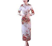 keepmore Old Shanghai Elegant Women Satin Qipao Slim 3/4 Sleeve Long Dress Traditional Chinese Mandarin Collar Cheongsam