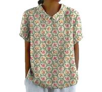 keepmore Summer Lapel Neck T-Shirt Blouse Tops for Women Fashion Short Sleeve Henley T-Shirt Short Sleeve Casual Tunic Tops Blouse Vintage Print Blouse