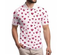 keepmore Summer Love Heart Polo Shirt 3D Loving Heart Pattern Half Button Sweatshirt Men's Casual Business Short Sleeve Pullover Tops