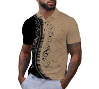 keepmore Summer Music Notes Polo Shirt 3D Music Series Pattern Half Button Sweatshirt Men's Casual Business Short Sleeve Pullover Tops Brown