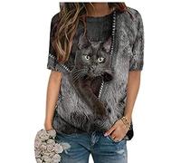 keepmore Women 3D Cat Print T-Shirt Short Sleeve Pullover Funny Casual Round Neck T-Shirt Summer Tunic Tops Black