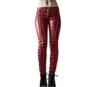 keepmore Women Gothic Punk Bandage Leather Trousers Fashion Skinny Leather Pants Red