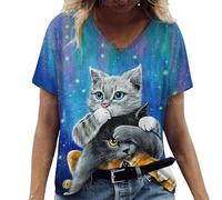 keepmore Women's T-Shirt Kawaii Cat 3D Printed T-Shirt Top Girls Y2k Summer Short Sleeve Tees V-Neck Casual Holiday T-Shirts