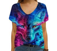keepmore Women's Wolf 3D Printed T-Shirt Cute Graphic Print Short Sleeve V-Neck Casual Loose Fit Tops Plus Size