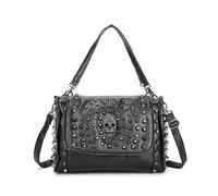 KEEPOP Women Gothic Punk Handbag and Purse Soft Washed Leather Shoulder Bag Cool Style Skull Rivets Crossbody Satchel Black