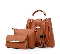 KEEPOP Women Handbag+Shoulder Bag+Purse 3pcs Set Tote Handbag Soft PU Leather Handbag Brown