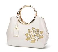 KEEPOP Women Tote, Patent Leather Handbag, Elegant Top Handle Bag Purse Flower Embroidery Fashion Shoulder Crossbody Bag for Evening Party, Wedding, Working, White