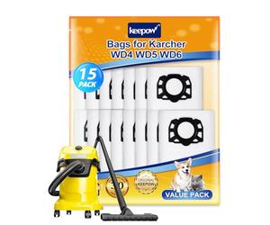 KEEPOW 15 Pack Fleece Filter Bags for Karcher Wet & Dry Vacuum Cleaner | Compatible with Karcher WD4 WD5 WD6 MV4 MV5 MV6, High Efficiency, 2.863-006.0