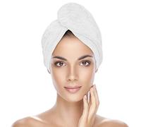 KEEPOZ Zero Twist Hair Towel Wrap for Women 100% Cotton Turban Towel for Hair with Button, Anti Frizz Hair Towel with Elastic Strap, for Long & Thick Hair (White)