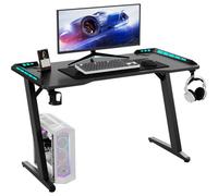 Keepreaper 44.9" Gaming Desk Led Lights Cup Holder Z-Shape Steel Frame Computer Desk Table Black For Home Office