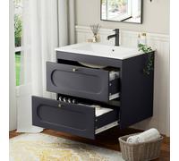 KEEPREAPER 600mm Wall Mounted Vanity Unit Ceramic Sink 2 Drawers Storage in Dark Grey KEEPREAPER Dark Grey