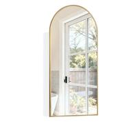 Keepreaper Arch Metal Framed Bathroom Mirror Cabinet With Storage Brushed Gold 3 Glass Shelves Wall Mounted Recessed 40 X 80 Cm