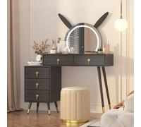 Keepreaper Black Dressing Table Vanity Desk With Mirror, Led Lights, 5 Drawers And Metal Legs