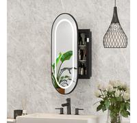 Keepreaper Black Oval Led Bathroom Mirror Cabinet 42 X 80 Cm Wall Mounted Recessed With 2 Glass Shelves And Storage