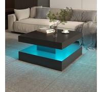 KEEPREAPER Black Square Coffee Table 2-Tier with LED Light Storage Contemporary KEEPREAPER Black