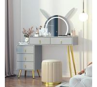 Keepreaper Grey Dressing Table Vanity Desk With Mirror, Led Lights, 5 Drawers And Metal Legs