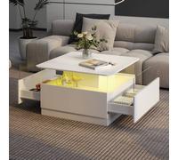 KEEPREAPER Modern Coffee Table With 2 Spacious Drawers & Led Light in White KEEPREAPER White