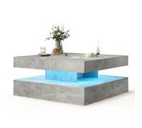 Keepreaper Modern Grey Two Tier Square Coffee Table With Led Light Storage And Contemporary Wood Design For Living Room Dining