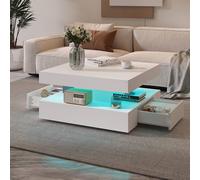 KEEPREAPER Modern LED Coffee Table with 2 Storage Drawers in White KEEPREAPER White