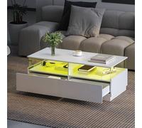 KEEPREAPER Modern Rectangular Coffee Table with LED Light & 2 Drawers in White KEEPREAPER White