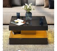 KEEPREAPER Modern Square Coffee Table With Storage & LED Light in Black KEEPREAPER Black