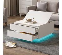 KEEPREAPER Modern Square Coffee Table with Storage & LED Light in White KEEPREAPER White