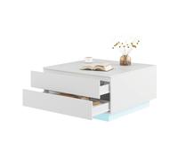 KEEPREAPER Modern Square LED Coffee Table Flip-Top with 2 Drawers Storage in White KEEPREAPER White