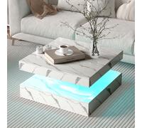 Keepreaper Modern White Marble Finish Square Coffee Table With Led Light And Storage