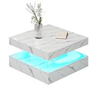 Keepreaper Modern White Marble Finish Two Tier Square Coffee Table With Led Light Storage For Living Room Dining