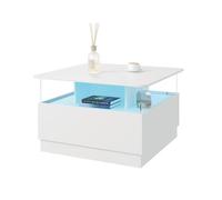 Keepreaper Modern White Square Coffee Table With Two Spacious Drawers Led Light And Storage For Living Room Home Office