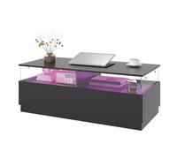 Keepreaper Rectangular Black Coffee Table With 2 Drawers Led Light And Storage For Living Room Home Office