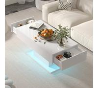KEEPREAPER Rectangular LED Coffee Table with 2 Drawers High Gloss Wood in White KEEPREAPER White