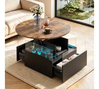 KEEPREAPER Rustic Round LED Coffee Table With 2 Drawers Storage Lift Top in Brown KEEPREAPER Brown
