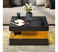 Keepreaper Sl lack Glossy Square Coffee Table With Led Light And Storage For Modern Living Room