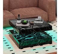 Keepreaper Sleek Black Marble Finish Square Coffee Table With Storage And Led Light
