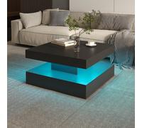 Keepreaper Sl lack Square Coffee Table With Storage And Led Light 2-Tier Design For Modern Living Room